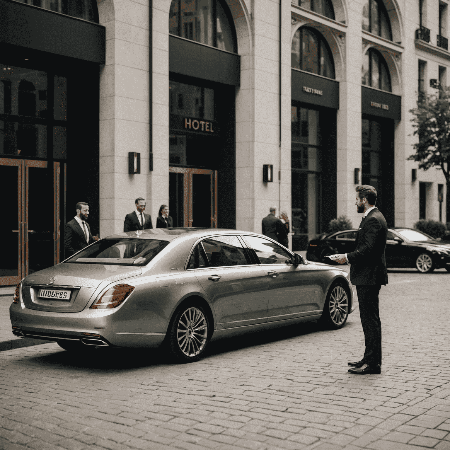 A luxurious car being handed over to a well-dressed client in front of a high-end hotel