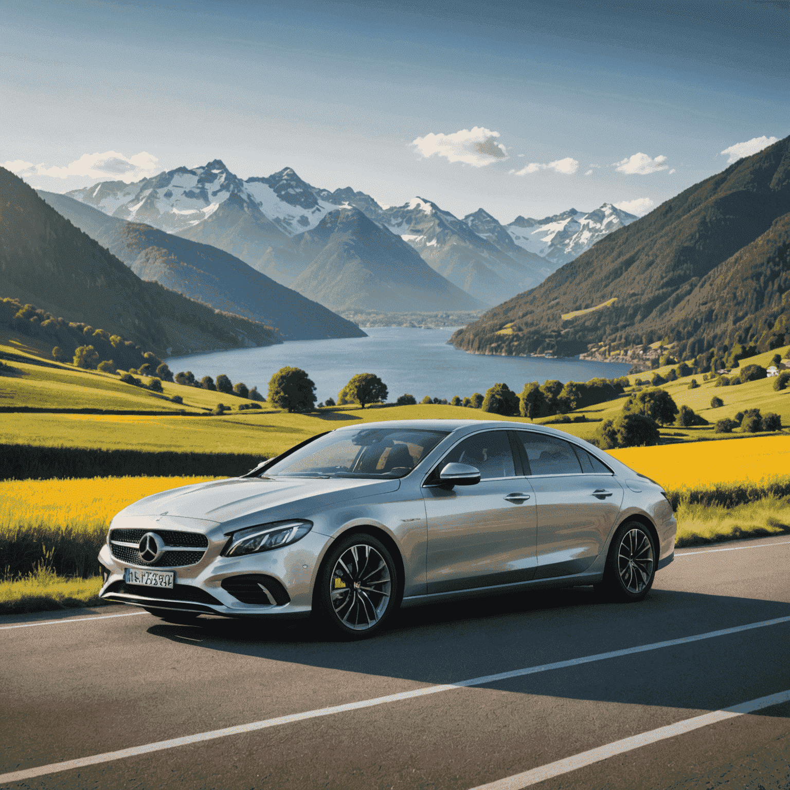 A sleek luxury car parked in front of a scenic vista, symbolizing both premium quality and smart savings in car rentals