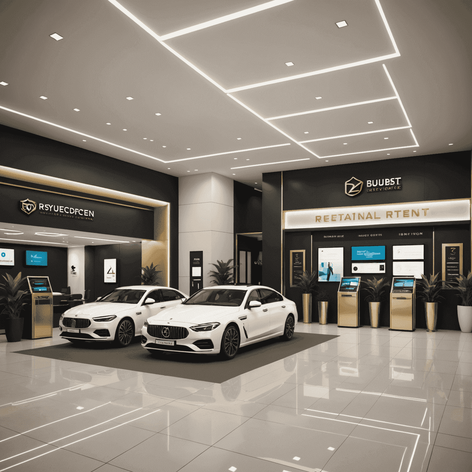 A luxurious car rental service center with staff attending to customers at any hour, showcasing the 24/7 support concept