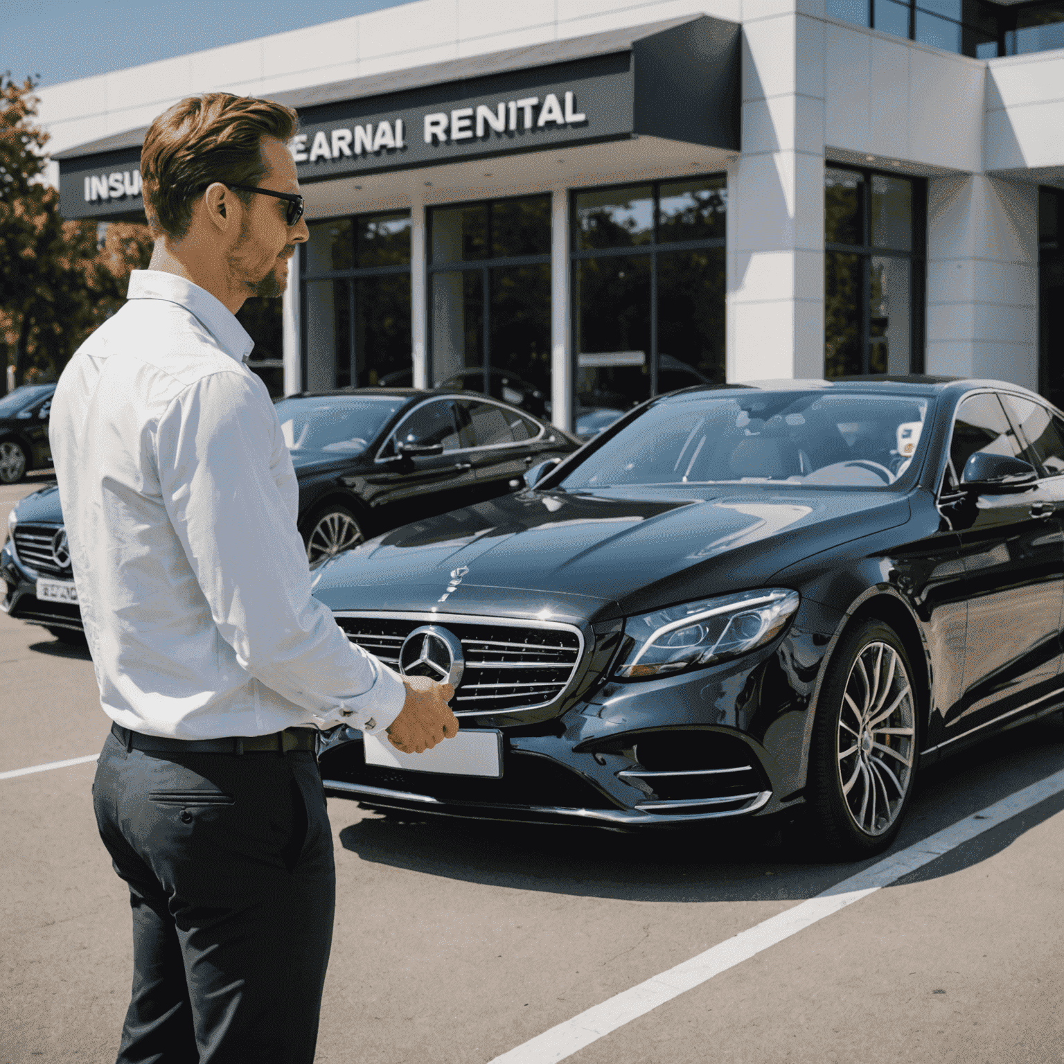 A luxury car being handed over to a customer at a high-end car rental agency, with an agent explaining insurance options