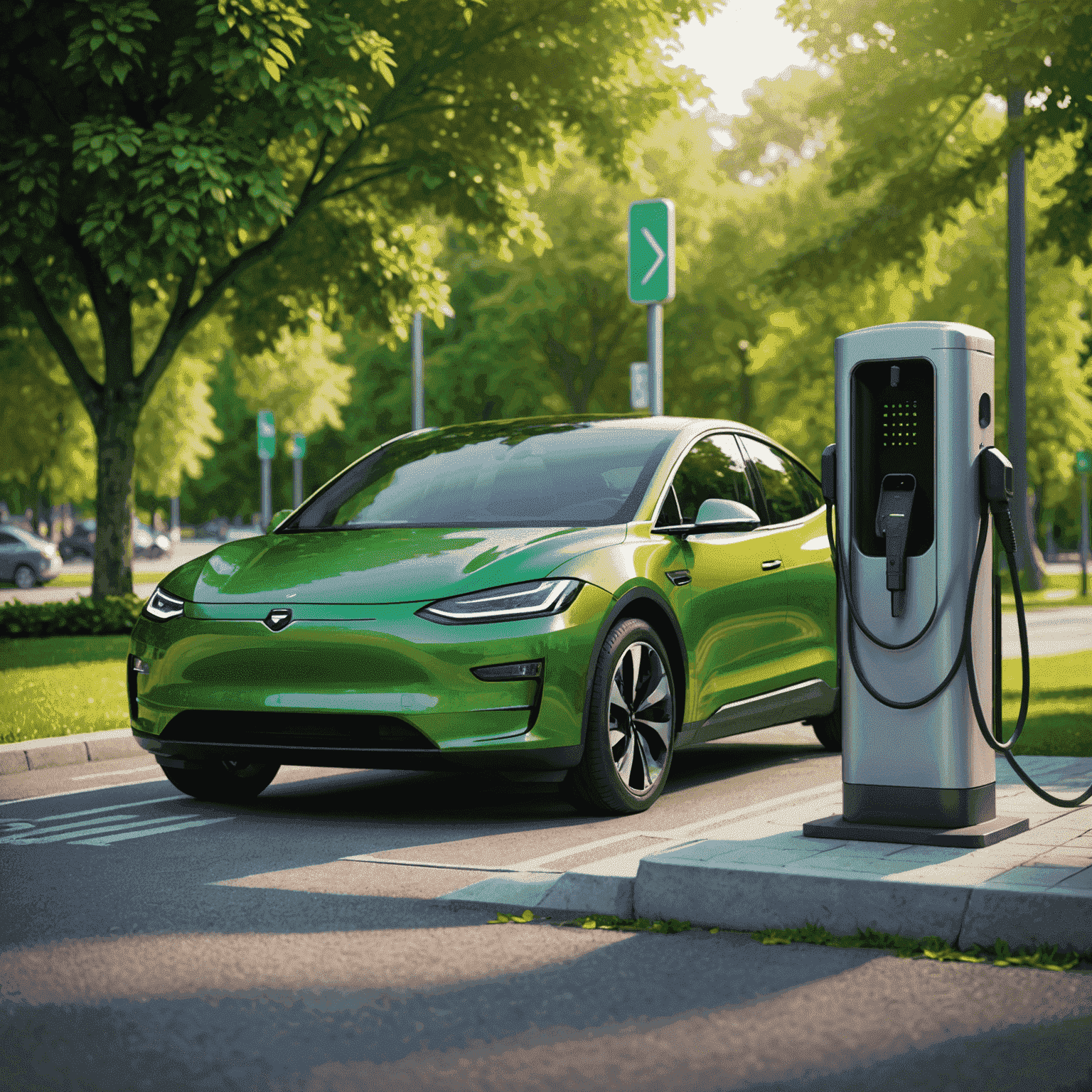 A sleek electric car being charged at a modern charging station, with a lush green background symbolizing eco-friendliness