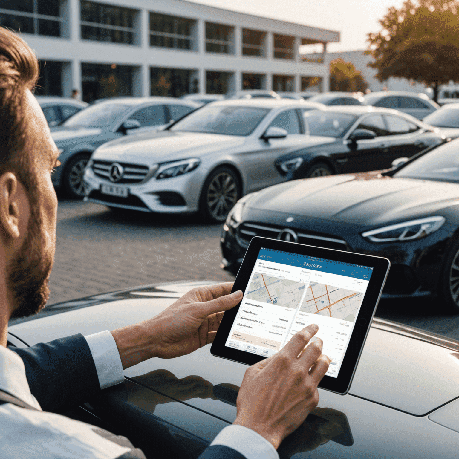 A person comparing car rental prices on a tablet, with various luxury cars in the background