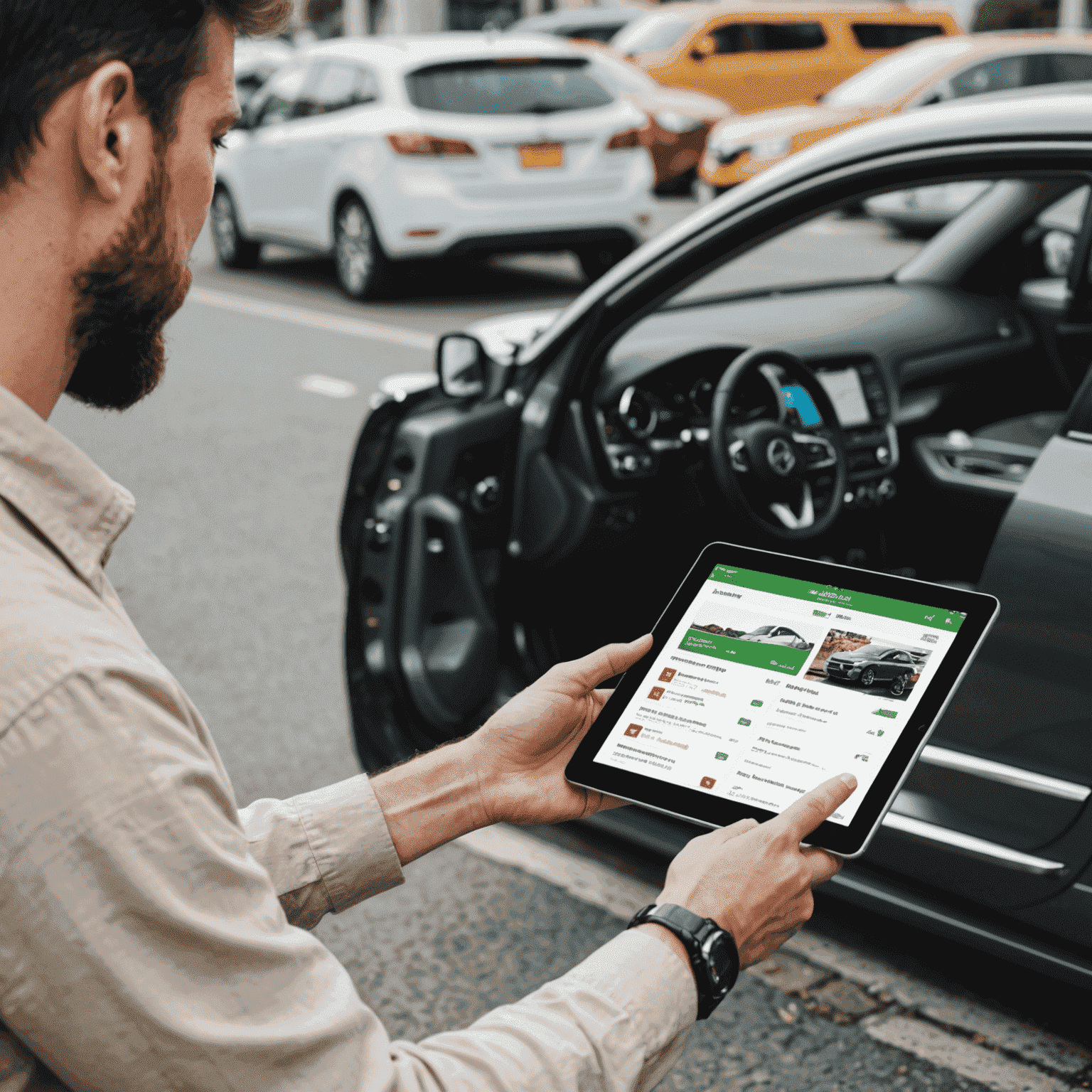 A person comparing prices on a tablet with car rental logos and price tags visible.