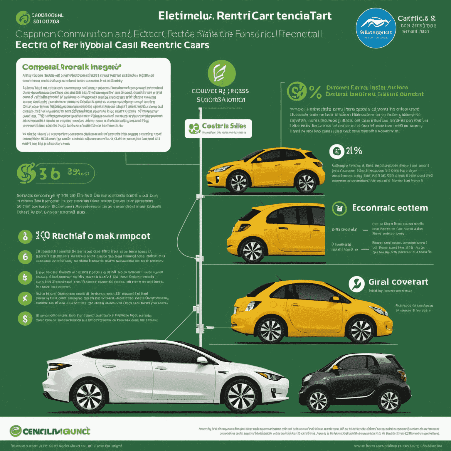 A comparison chart showing the environmental impact and cost savings of electric, hybrid, and conventional rental cars