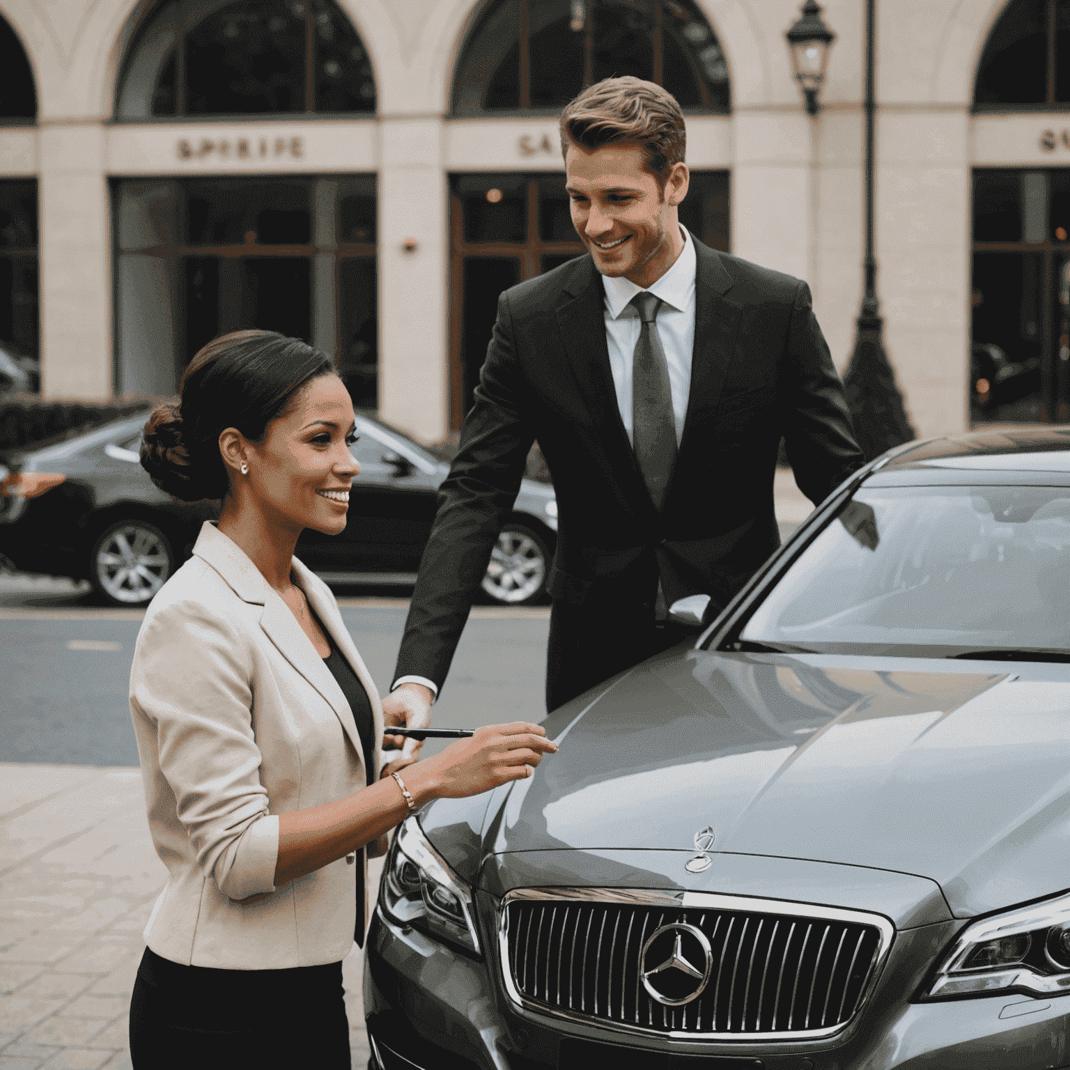 A customer service representative assisting a client with a luxury car in the background, emphasizing 24/7 support