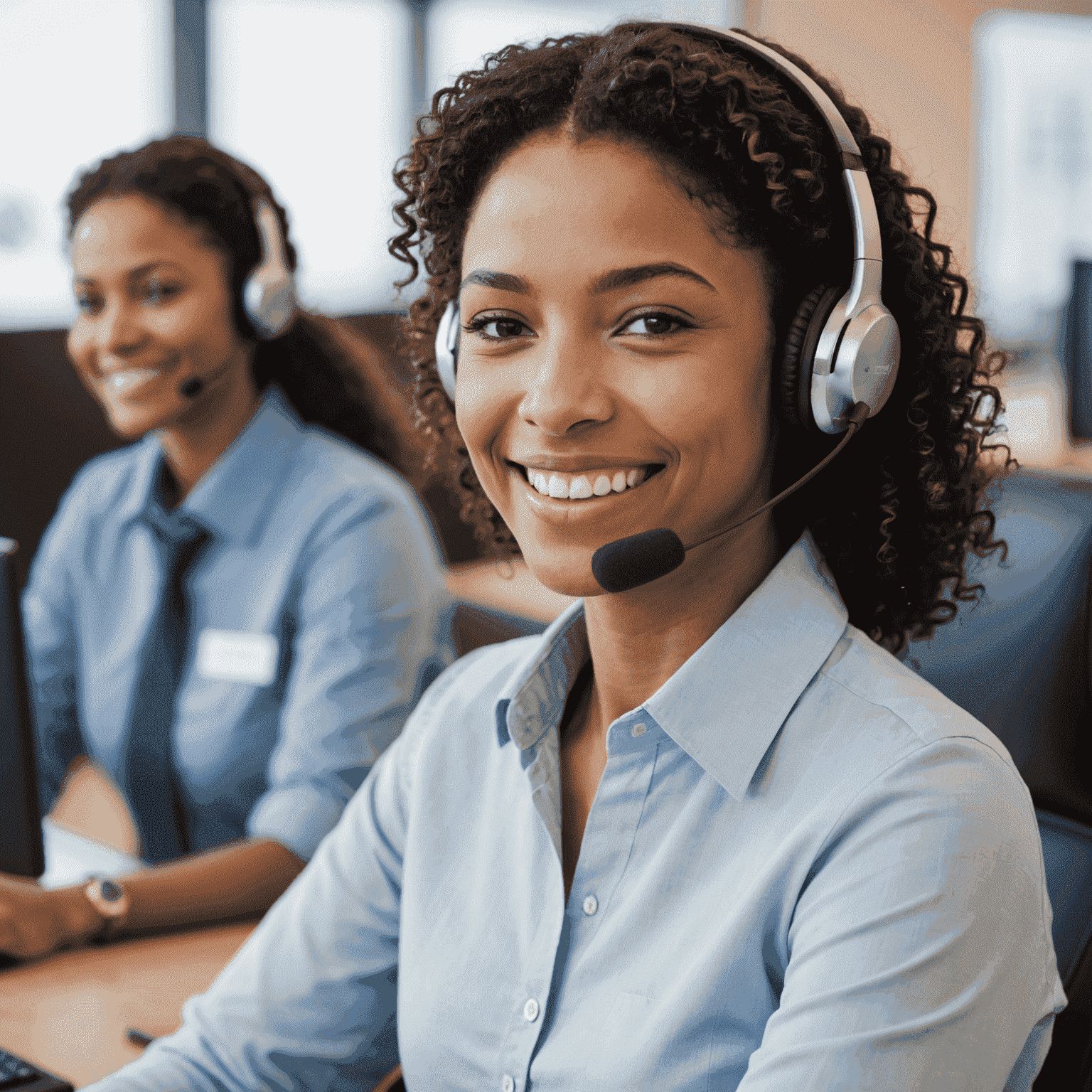 A customer service representative wearing a headset, smiling and helping a client, with a 24/7 icon in the background.