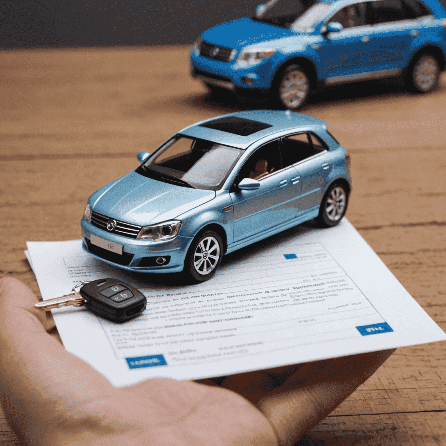 A hand holding a car key with an insurance policy document and a miniature car model in the background.