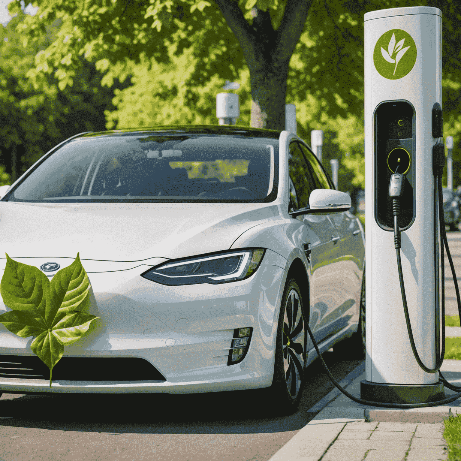 An electric car being charged at a charging station with a green leaf symbol, symbolizing eco-friendly transportation.